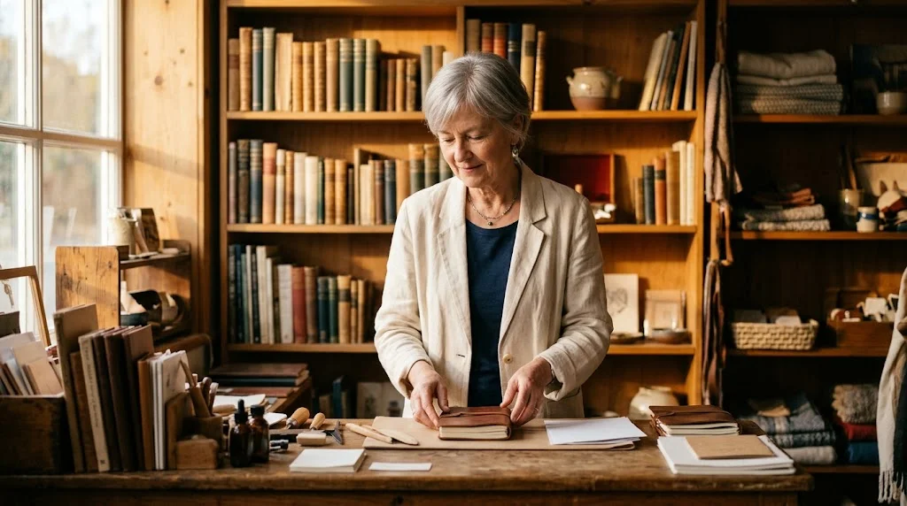 Ältere Frau in einer kleinen Buchhandlung