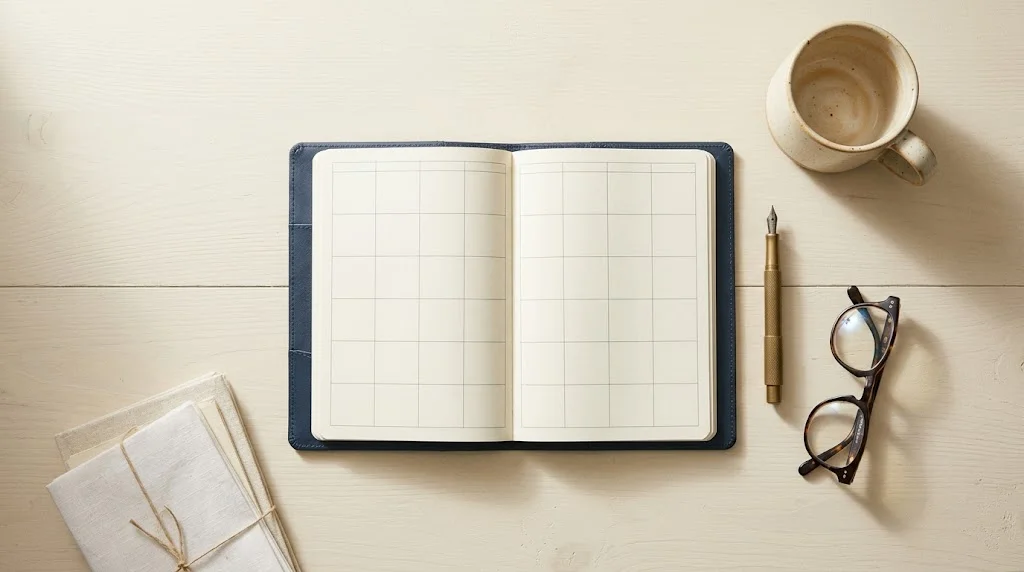 Planer, Brille und Stift auf einem Tisch